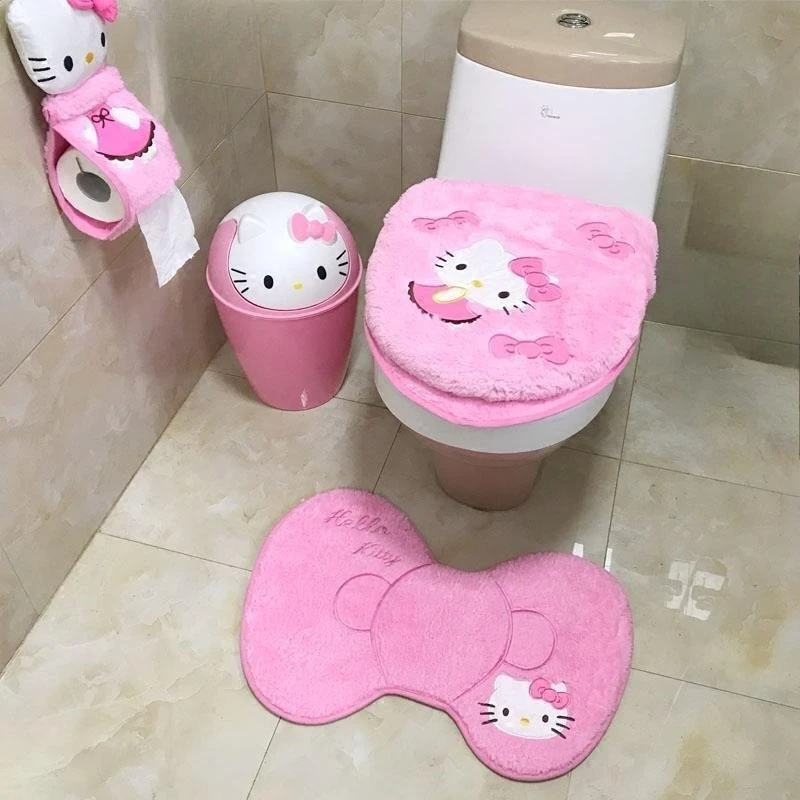 

Hello Kitty Toilet Seat Cushion Sanrio Anime Three Pieces Set Restrooms Universal Winter Household Plush Toilet Seat Cover Gift