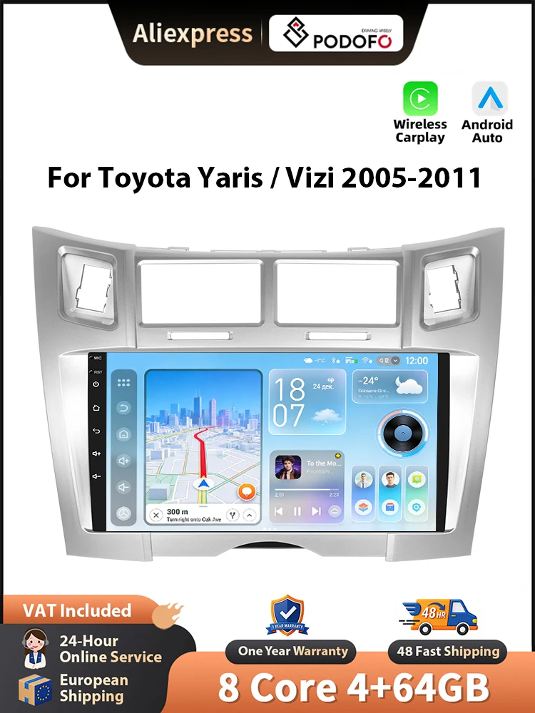Podofo draadloze CarPlay voor Apple voor Toyota Yaris/Vizi 2005-2011 Android Auto autoradio GPS FM/RDS WiFi BT multimediasysteem - afbeelding 2