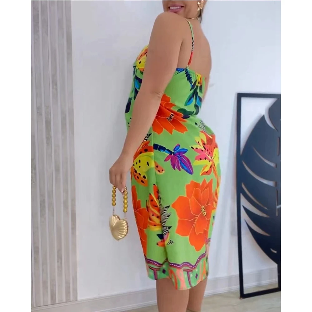 Women Two Piece Set Tropical Floral Print Front Slit Cami Top & Drawstring Shorts Set Female Casual Summer Woman Clothing