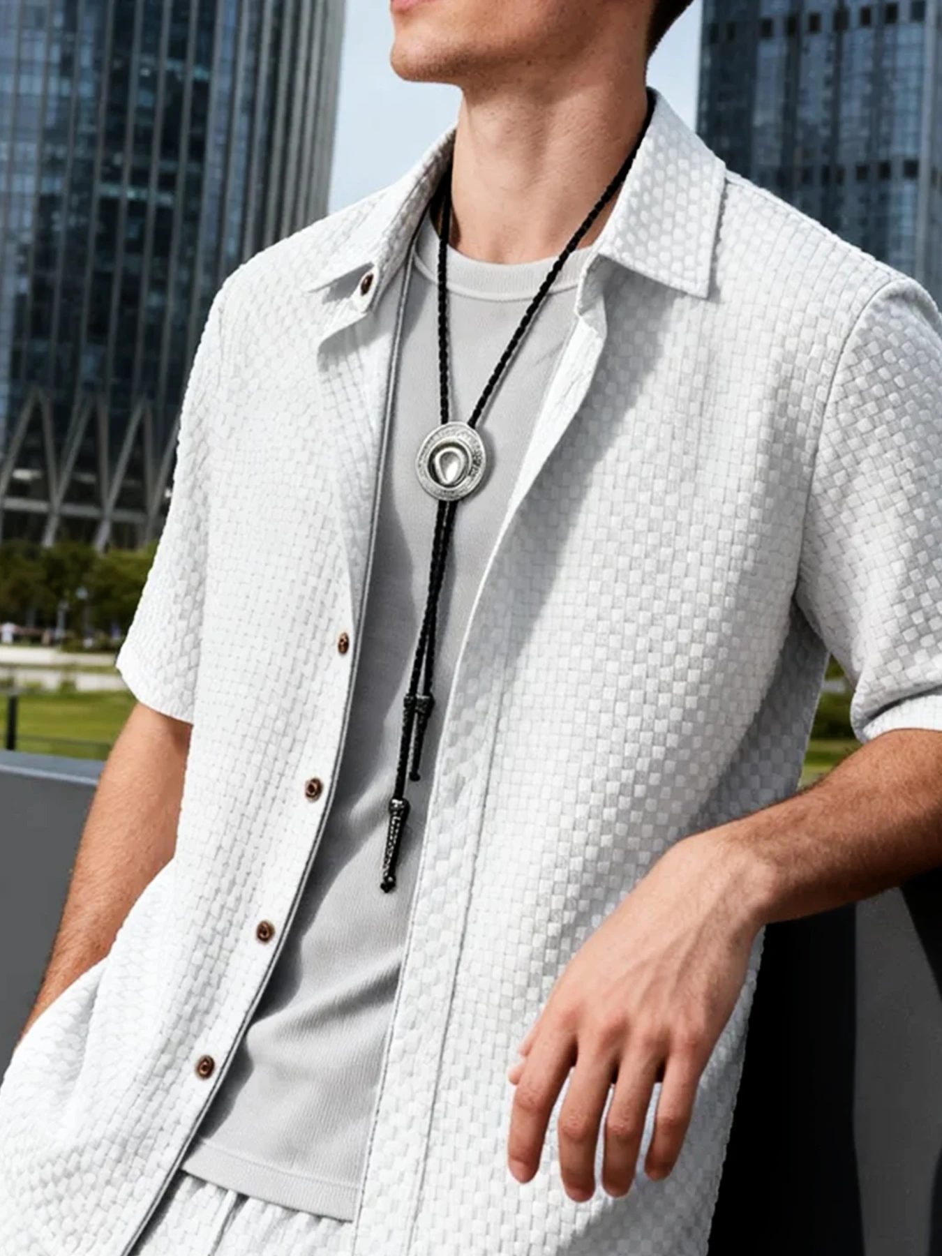Trendy Men's Suits, Short-Sleeved Button-Down Tops, Street-Style Complete Outfits, Lightweight Seersucker Tops Suitable for Various Summer Situations