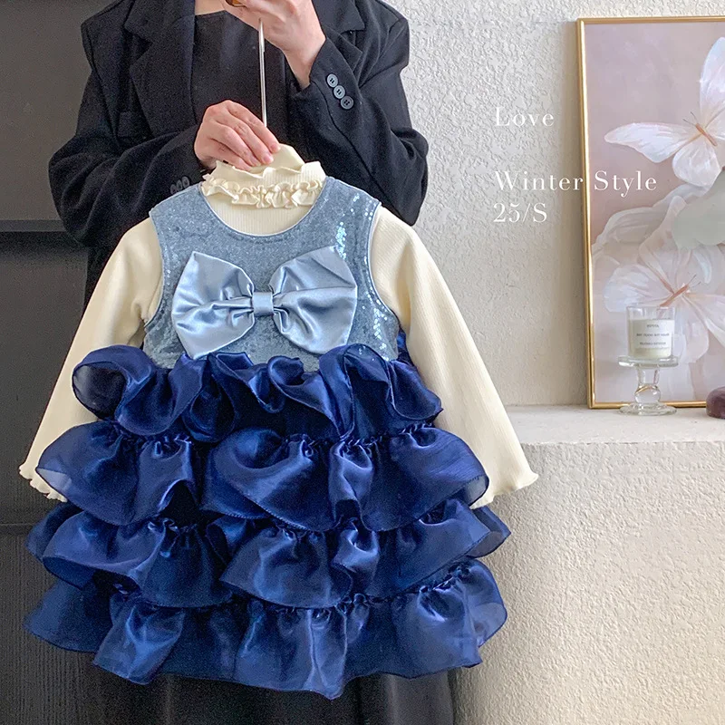 

New Winter Toddler Girls Two-piece Set Solid Color Thicken Warm Kids Girls Undershirt+blue Infant Girls Cake Princess Dress