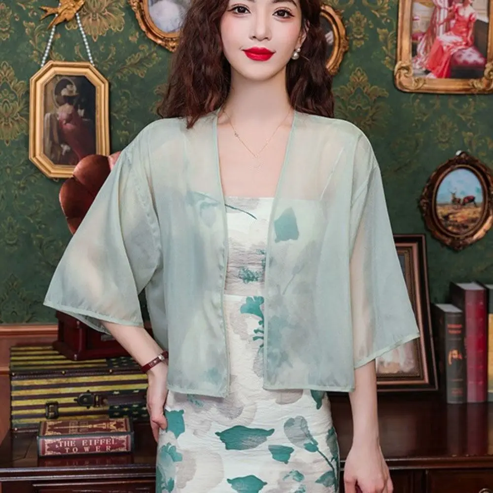 

Transparent Chiffon Small Shawl Jacket Short Sleeve Thin Chiffon Cardigan Shirt Beachwear Sunscreen Clothing