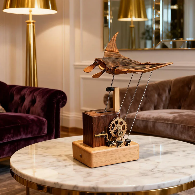 

Artisan Wooden Manta Ray Automaton Handcrafted Mechanical Ocean Animal Ornaments Hand-Cranked Kinetic Sculpture Desk Decor