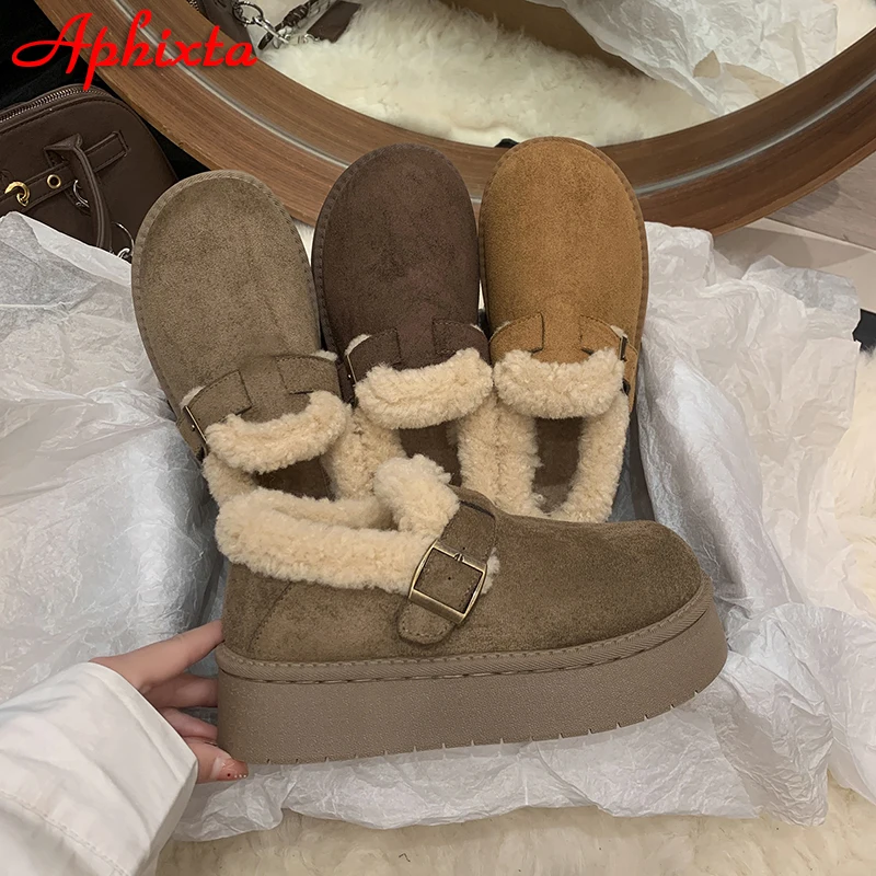 APHIXTA 2025 plataforma Camel 4,5 cm zapatos de suela gruesa botas de nieve de felpa de invierno para mujer botines cálidos con hebilla tamaño 35-40