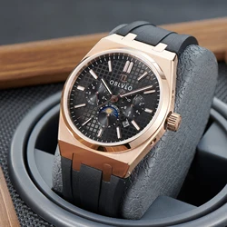 OBLVLO Excellent Rose Gold Rubber Band Mechanical Automatic Watch 3 Eyes Complete Calendar Waterproof Sport Watch For Men TM-MUT