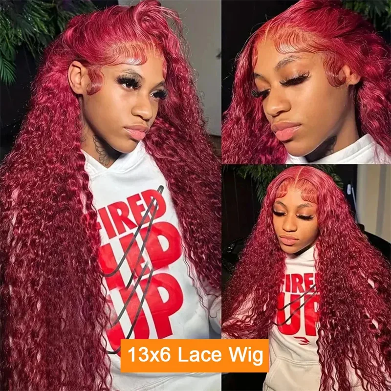 30 40 Zoll 99J Burgund 13x6 HD Lace Frontal Echthaarperücke rot gefärbt 13x4 transparente Spitze lockige tiefe Welle Frontalperücke