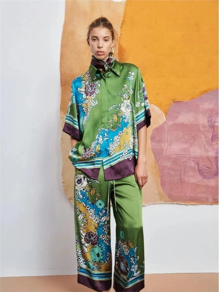 Fashionable Casual Silk Printed Shirt Beach Vacation Style 2026 Long Pants Set Beach Skirt Women's Summer Soft Fabric Dress