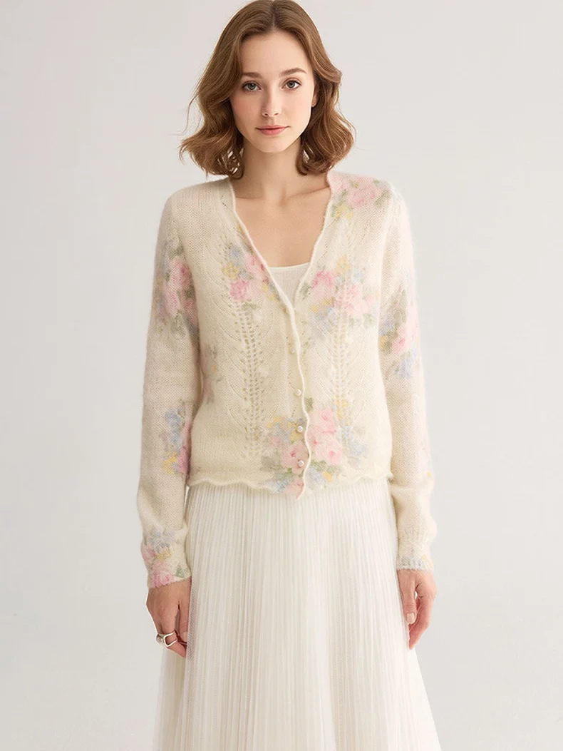 SuyaDream, Ombre Floral Print Mohair Cardigan V‑Neck Hollow Crochet Pearl Buttons Women 2026 Autumn Winter Knit Outer Sweater