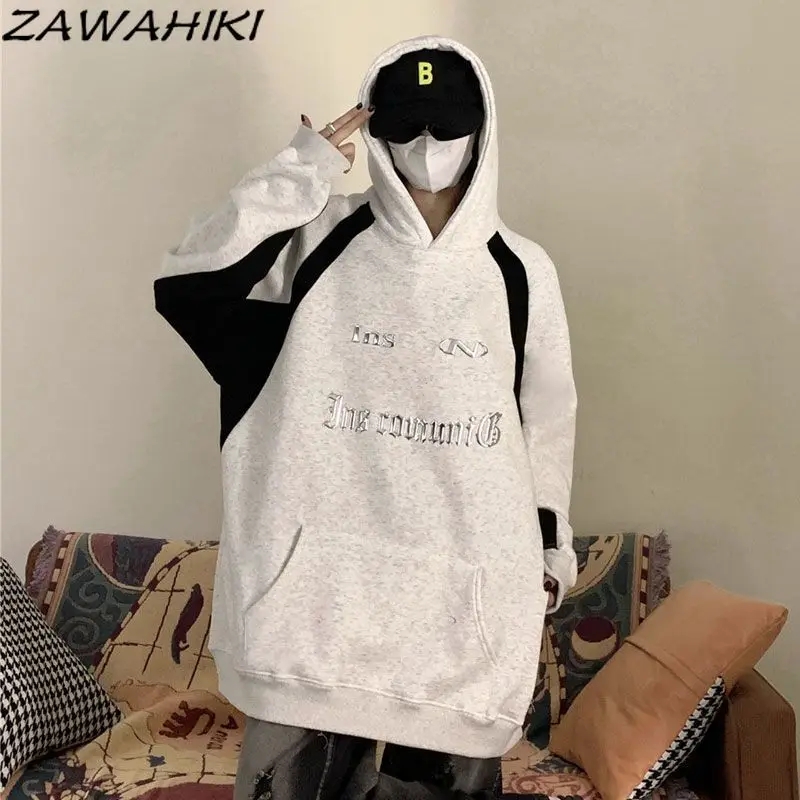 Hoodies Women Vintage American Patchwork Contrast Color Letter Print Casual Loose Versatile Chic Designed Streetwear Sweatshirt