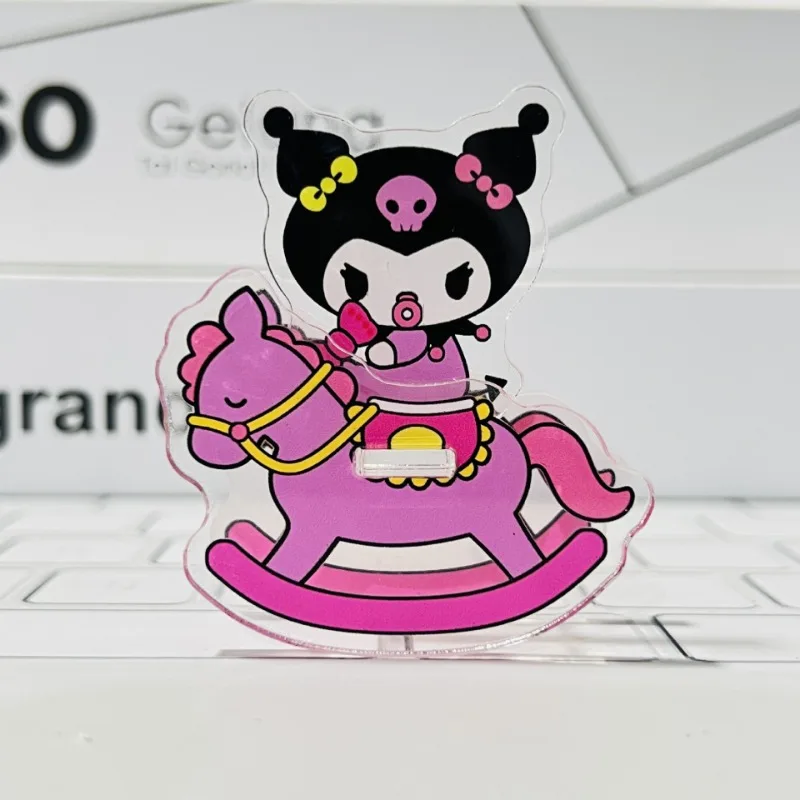 Hello Kitty Acrylic Standing Kuromi Pochacco Cinnamoroll Tabletop Decor Melody Riding Wooden Horse Ornament Display Kids Gift