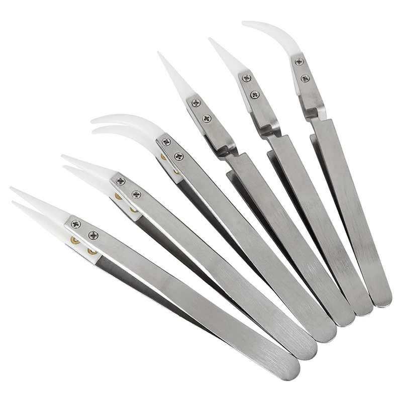 6 Pcs Non-Conductive Precision Ceramic Reverse Solder Tweezers Anti-Magnetic Pointed And Curved Tips Tweezers Set