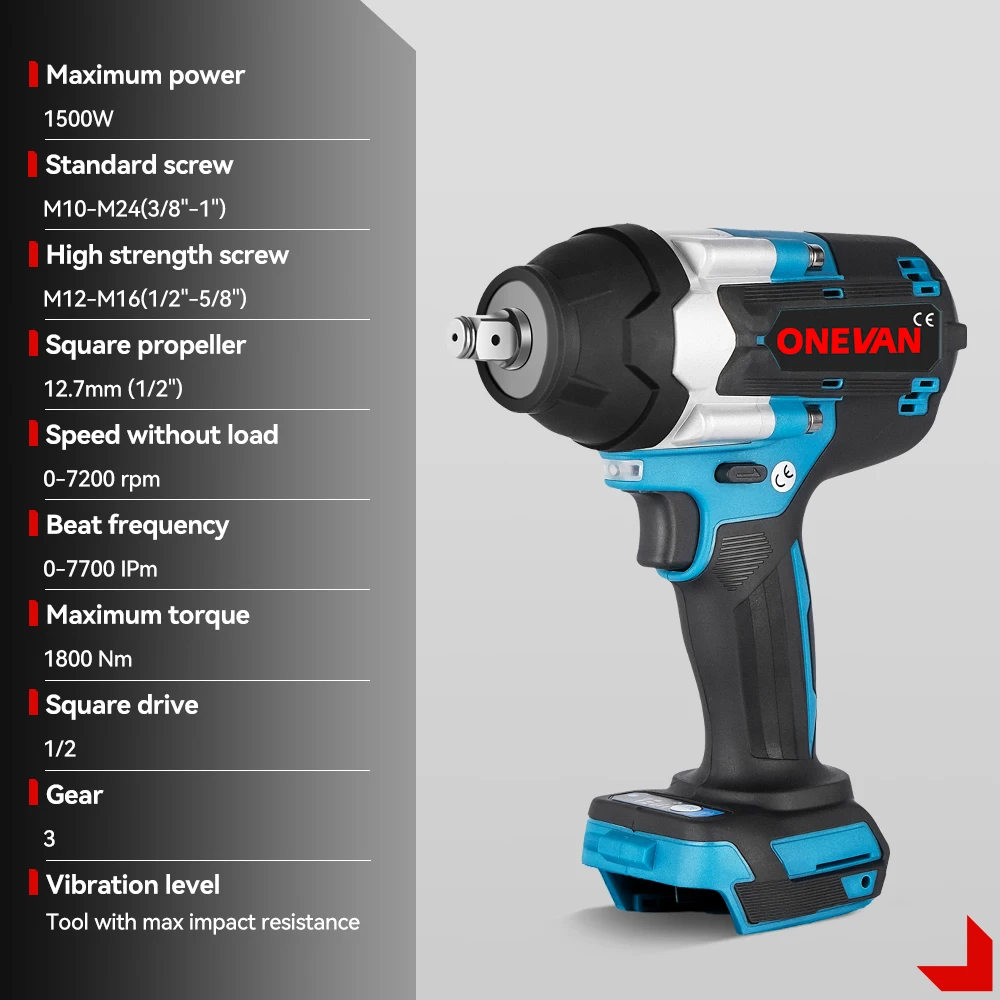 ONEVAN 1800N.M Brushless High Torque Electric Impact Wrench 1/2 Inch Cordless Screwdriver Wrench Car Tool for Makita 18V Battery