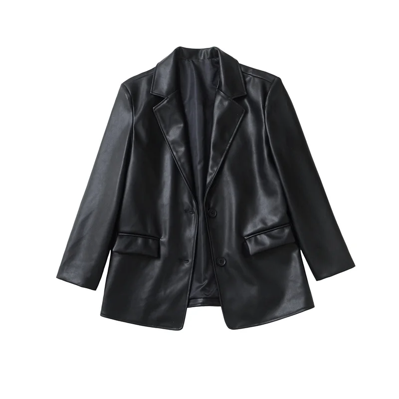 

Black Faux Pu Leather Suit Jacket Spring Loose Single-Breasted Notched Collar Long Sleeve Female Coat Streetwear Chaqueta Mujer