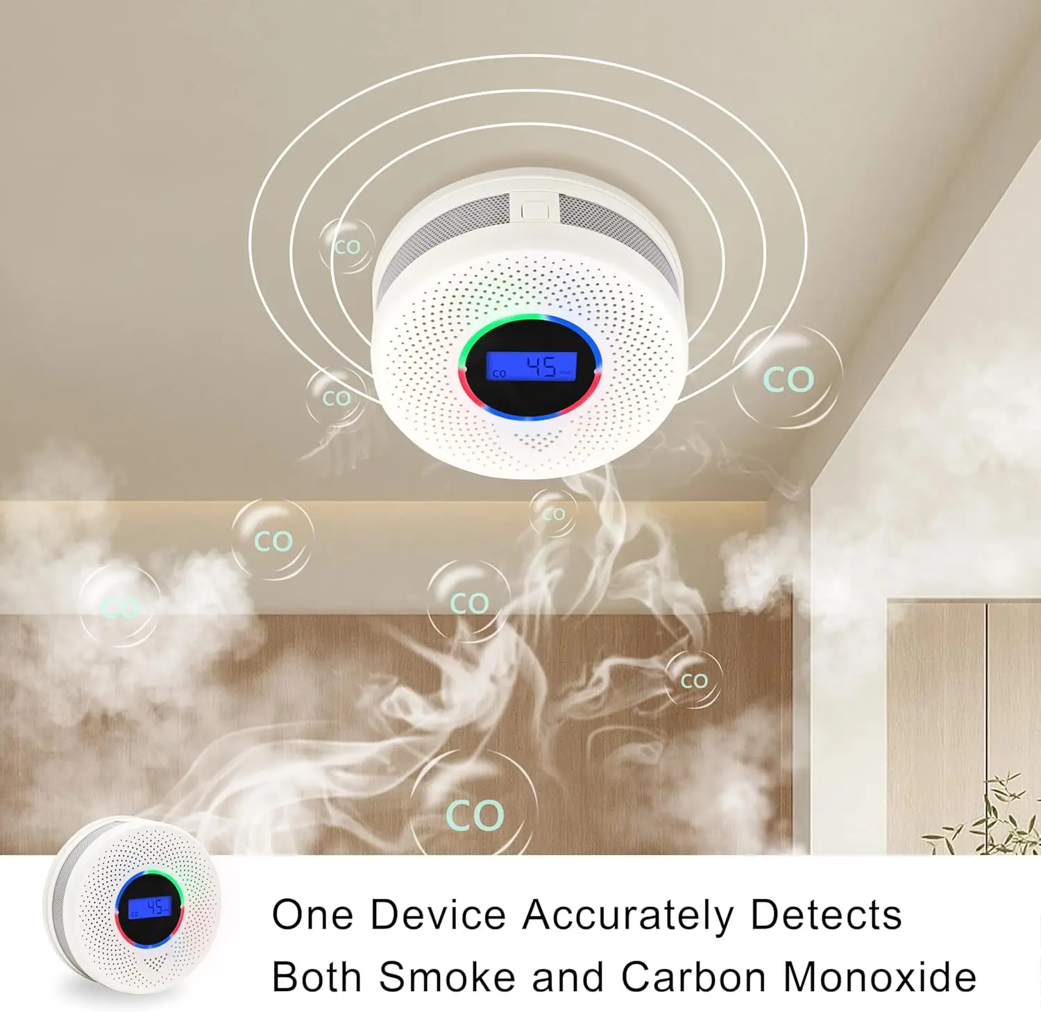 

LCD Display 2 in 1 Smoke and Carbon Monoxide Detector With Audible and Visual Alarm
