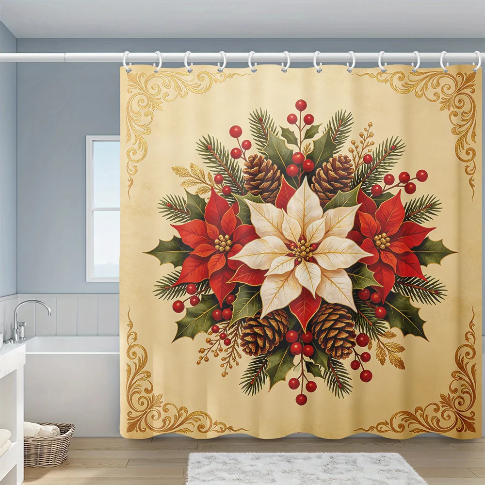 Retro Christmas Poinsettia Berry Printed Shower Curtain, Festive Warm Home Decorative Shower Curtain,, Equipped with 12 Hooks, A