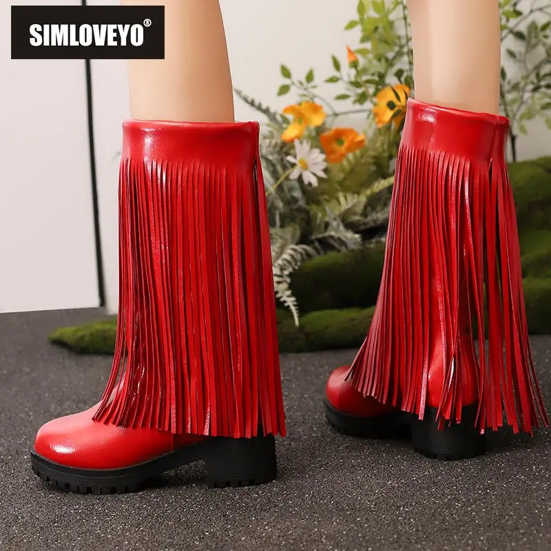 

SIMLOVEYO Совершенно новые блестящие женские ботинки до середины икры — круглый носок 4,5 см, блочные каблуки с кисточками, расширенные размеры 41–43, зимний повседневный стиль