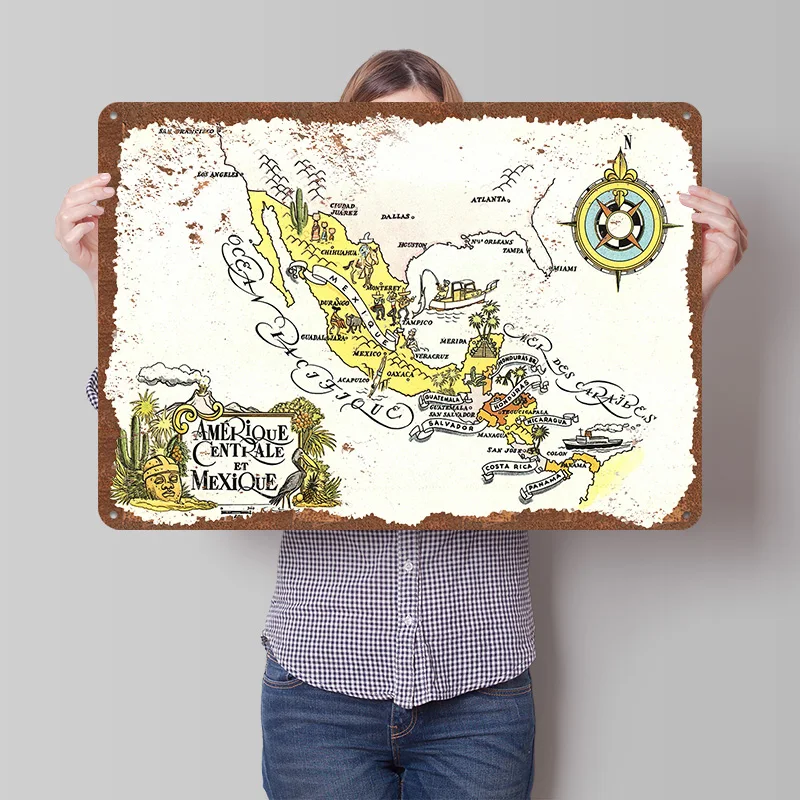 Mapa de América Central y México 1951, cartel de hojalata, arte de pared personalizado, carteles de Metal Vintage, placa de hojalata Retro para decoración del hogar de lujo