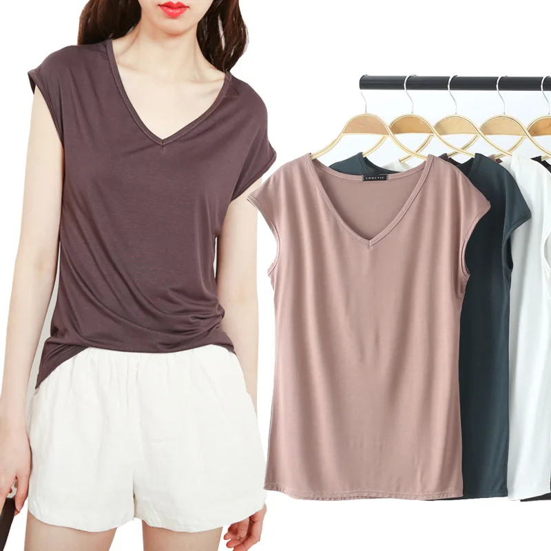 

Summer 2024 New Arrival Modal V-Neck Solid Color Sleeveless Loose Women's T-Shirt Casual Base Top Lightweight