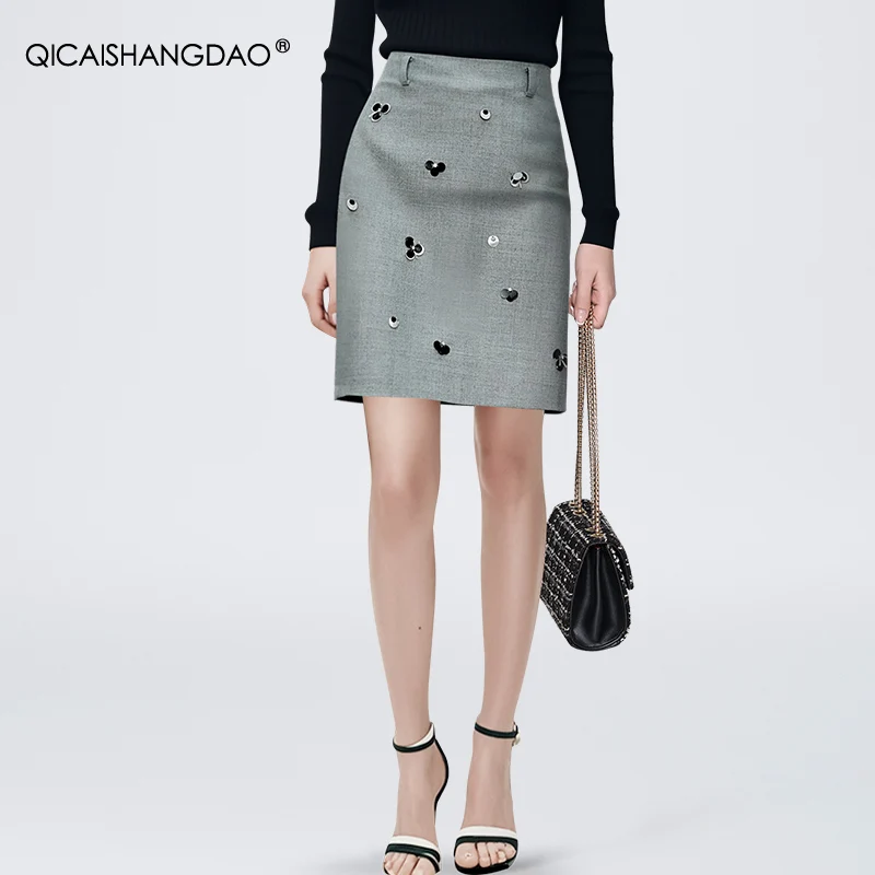 Fashion High Waist Beads Grey Mini Skirt Womens Spring Summer Bottoms Casual Office Wear Short Skirts