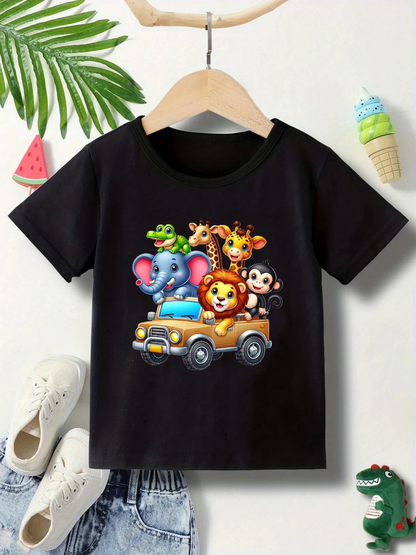 Watercolor animals, jungle zoo elephants,lions,monkeys,giraffes, animal print t-shirts for boys, summer young children's t-shirt