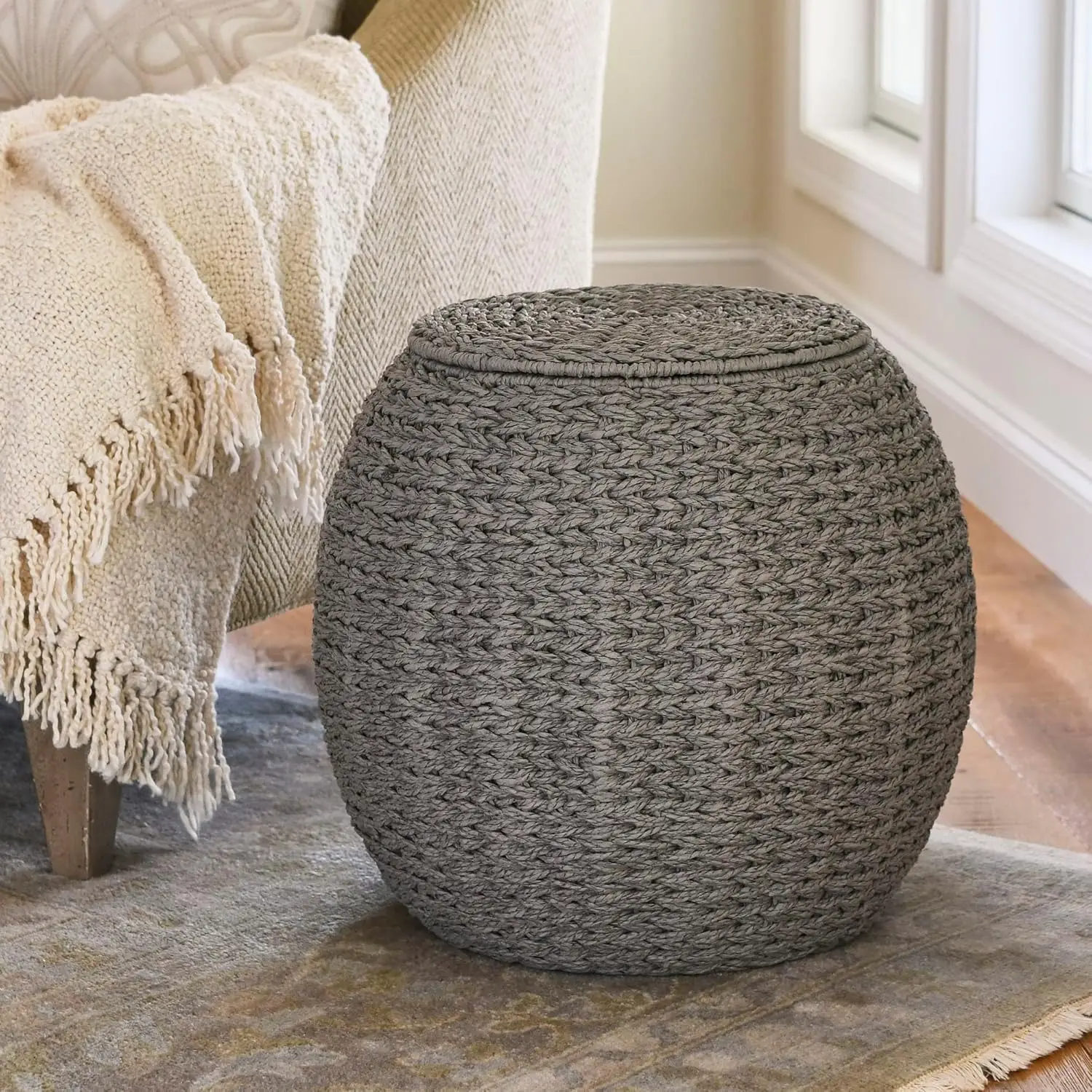 Handwoven Paper Rope Barrel Wicker Storage Basket Side Table, Gray