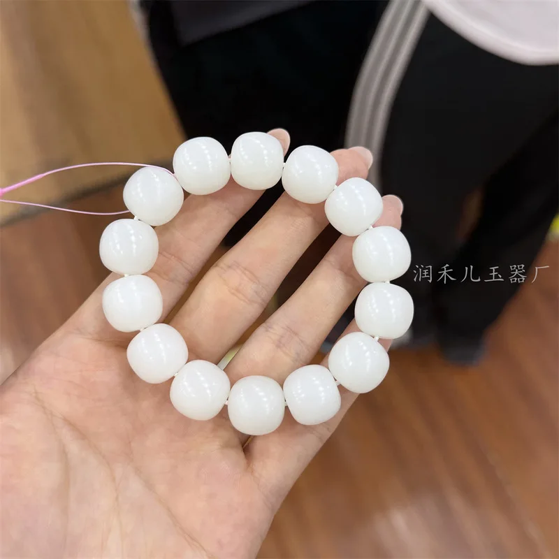 Natural Sheep Fat White Old-Style , 14*15 Mm Hetian Jade Bead Bracelet