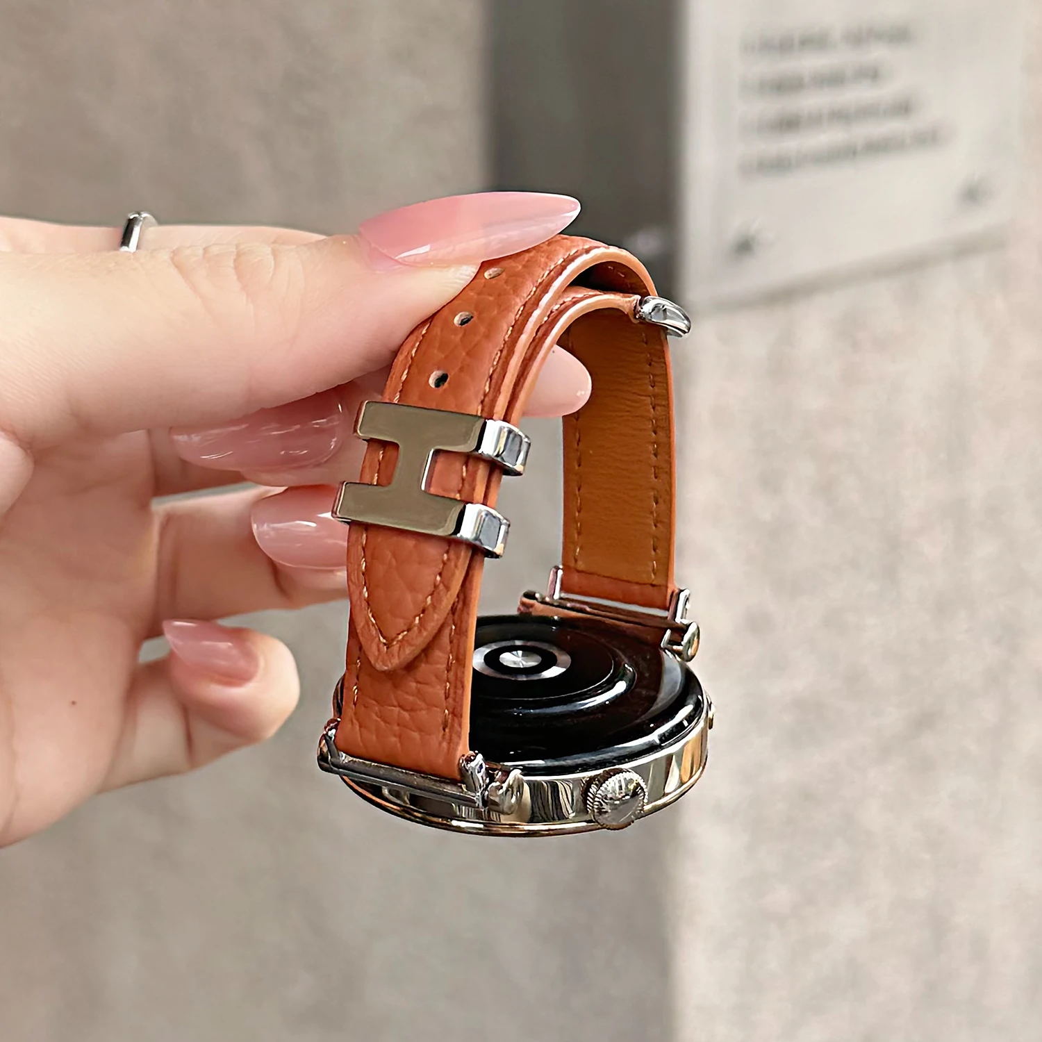 

Кожаный ремешок с H-образным кольцом и рисунком личи для браслета Huawei 8/9/10 GT4/5, подарок для девочки для Xiaomi 10 8/9 pro, универсальный 18/20/22 мм