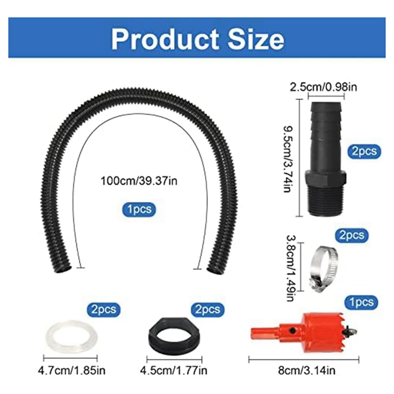 Kit di connessione antipioggia in plastica 2 testa ad acqua attraverso tubo di collegamento da 1 pollice 100 Cm 25 Mm e apri fori, per barili di acqua piovana