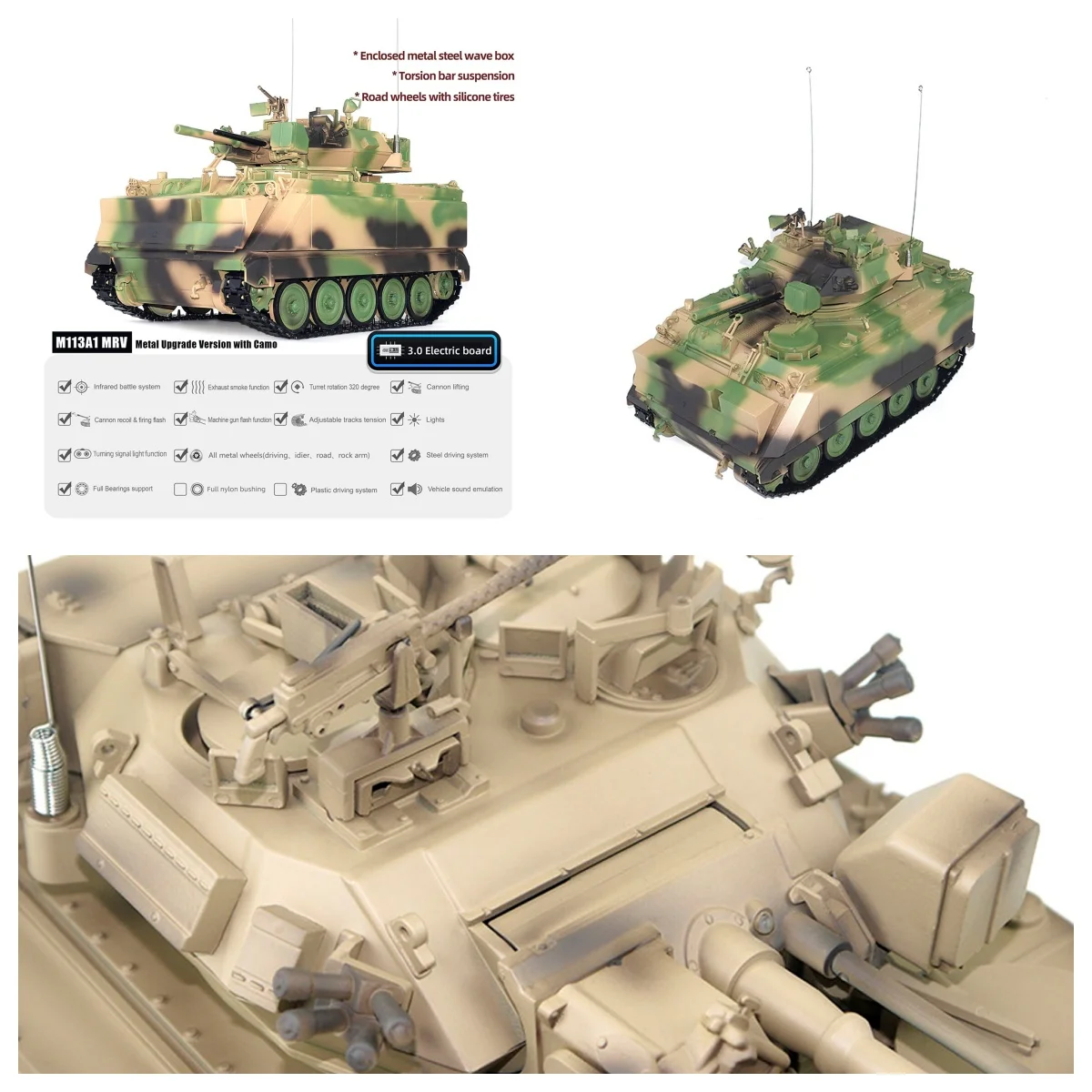 

Toy 1/16 RC Panzer Tongde Radio Control Tank M2412-A M113A1 MRV Recoil Fire Flashing 320 Turret Rotation Metal Drive Gearbox Boy