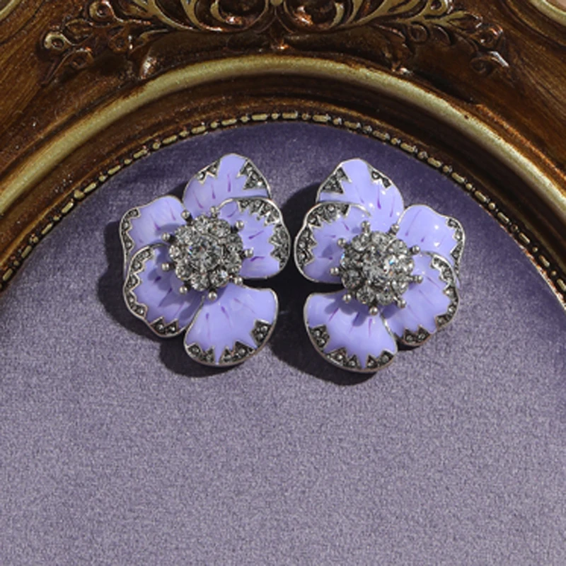 

Women Vintage Violet Flower Stud Earrings Silver Color Rhinestone Inlay Design Retro Luxury Birthday Classic Elegant Accessories