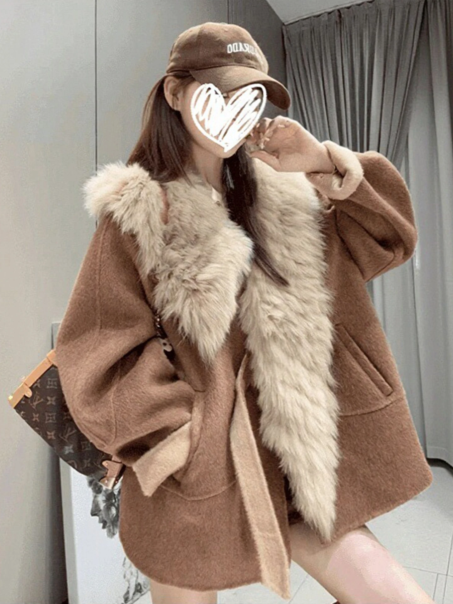 

Warm Woolen Coat for Women with Large Fur Collar Medium Length Korean Sle plus Size Thiened Winter Outerwear Coat