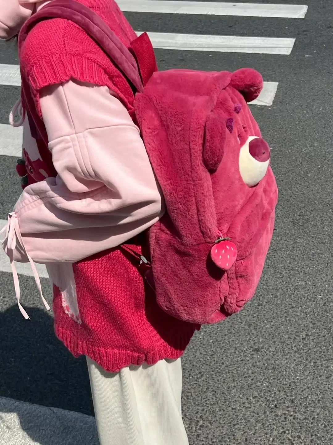 Disney peripheral Strawberry Bear Sullivan anime style cute backpack student zipper school bag fashion creative plush backpack