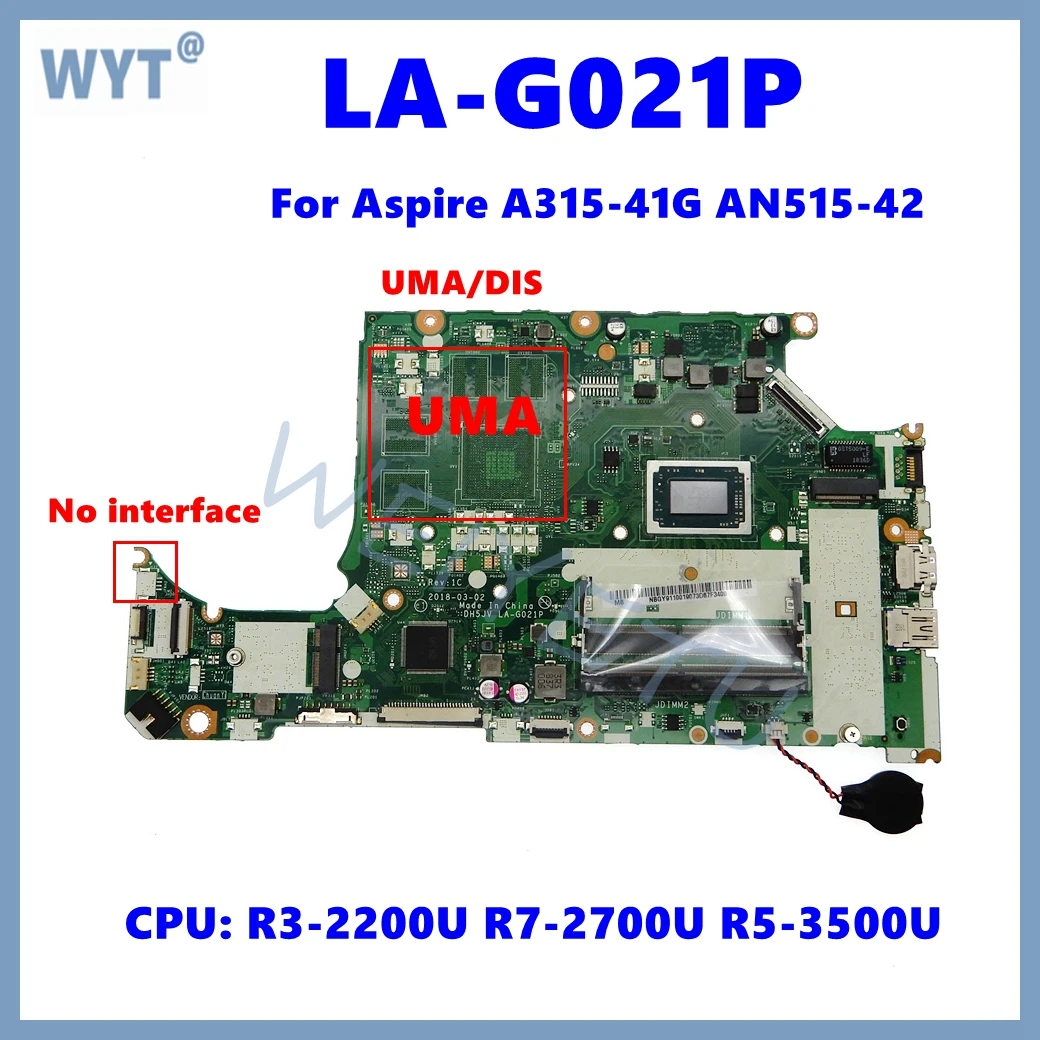 LA-G021P  Laptop Motherboard For Acer Aspire A315-41G AN515-42 Notebook Mainboard With R3 R7 CPU UMA or DIS 100% Tested OK