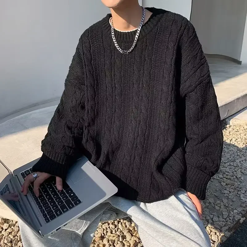 Winter Thickened O-neck Pullover Sweater Men's Japanese Retro Lazy Loose Versatile Casual Fried Dough Twists Knit Sweater Men