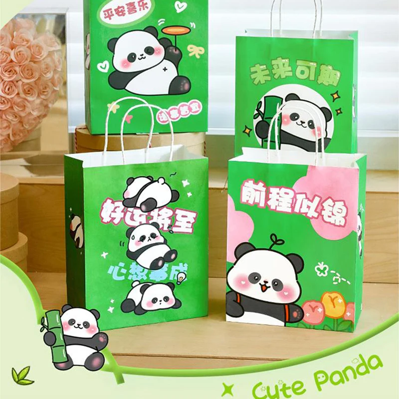 Bolsa de regalo de Panda de dibujos animados, bolsa de papel de gran aspecto para estudiantes, bolso de mano inspirador para el Día de los niños,