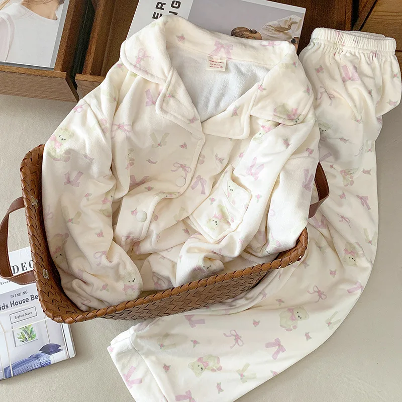 

Women pajamas autumn winter new model Comfortable Sleepwear cardigan long sleeves thicken Cotton Pajama keep warm homewear suit