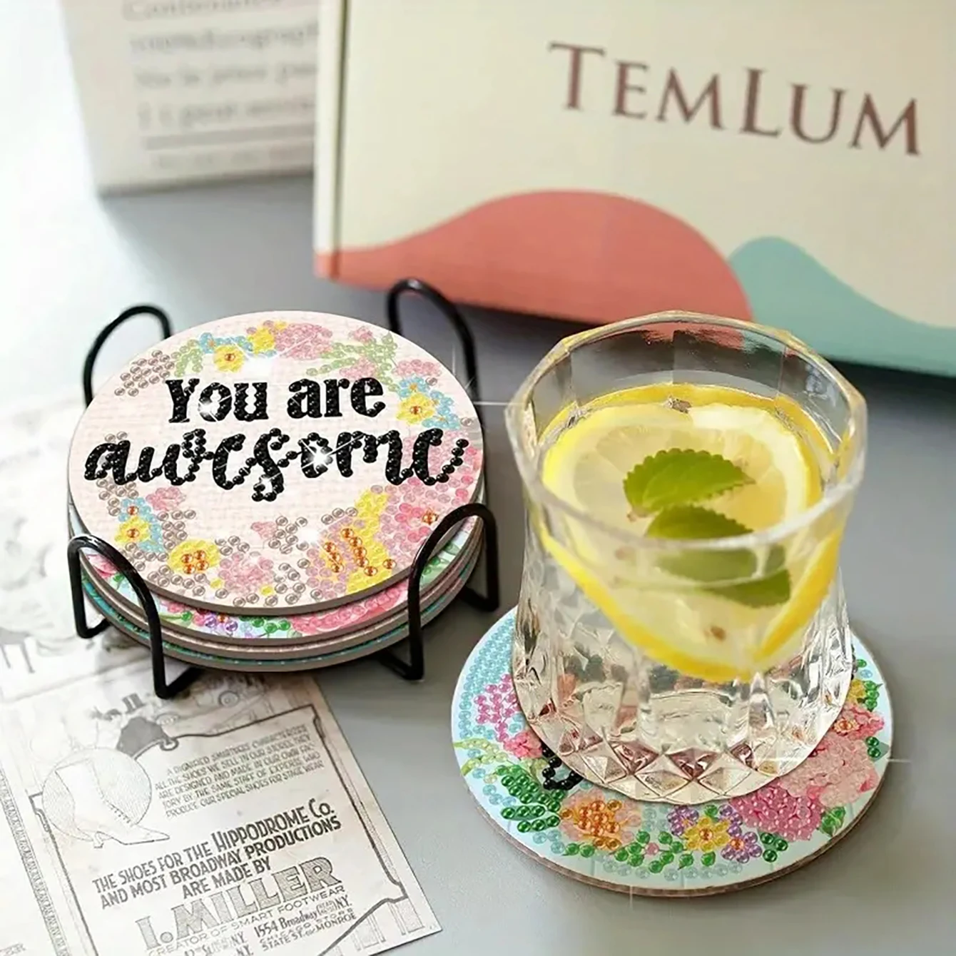 8 pieces/set of DIY coasters with text patterns, diamond paintings, and brackets, suitable for beginners, art and craft gifts