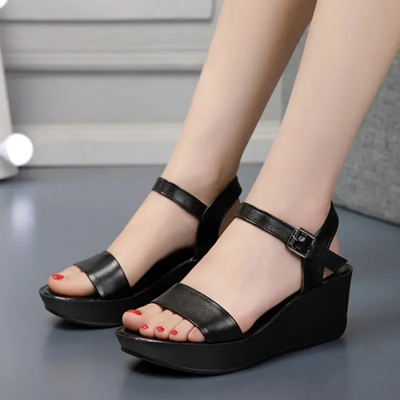 Comfortable Med Heels Wedges Shoes Summer Womens Genuine Leather Sandals 2024 Thick Platform Sandals Beach Plus Size 41 42 43