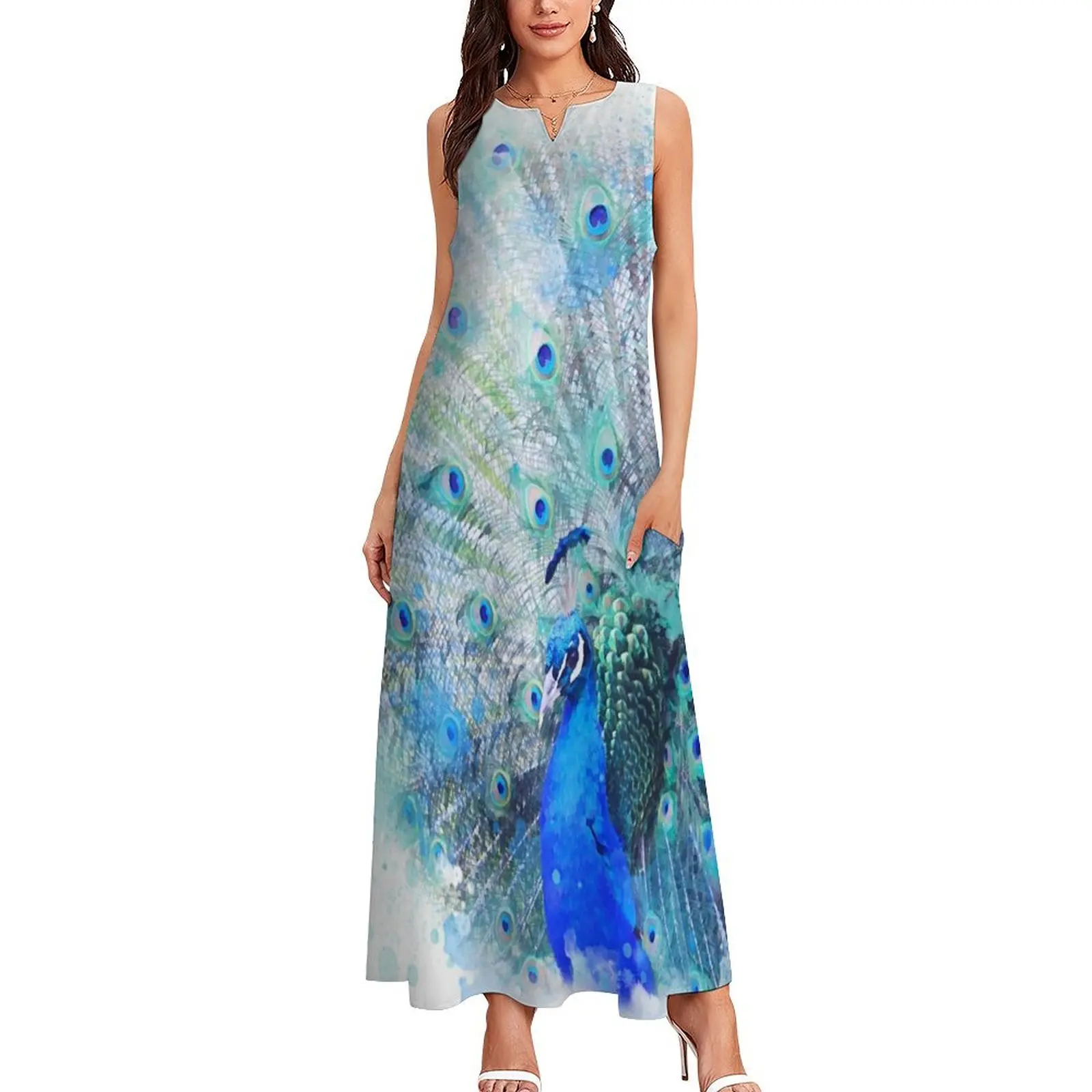 Watercolour Peacock Long Dress Women's summer long dress long dresses for women elegant chic women dresses promotion