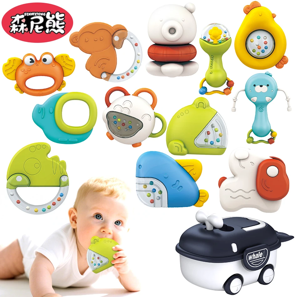 SENNIXIONG Baby Tafelbel Schattige Puppy Krab Haai Rammelaar Baby Kauwbare Bijtring Montessori Zintuiglijke Speelgoed Voor Peuter Walvis Doos Gift