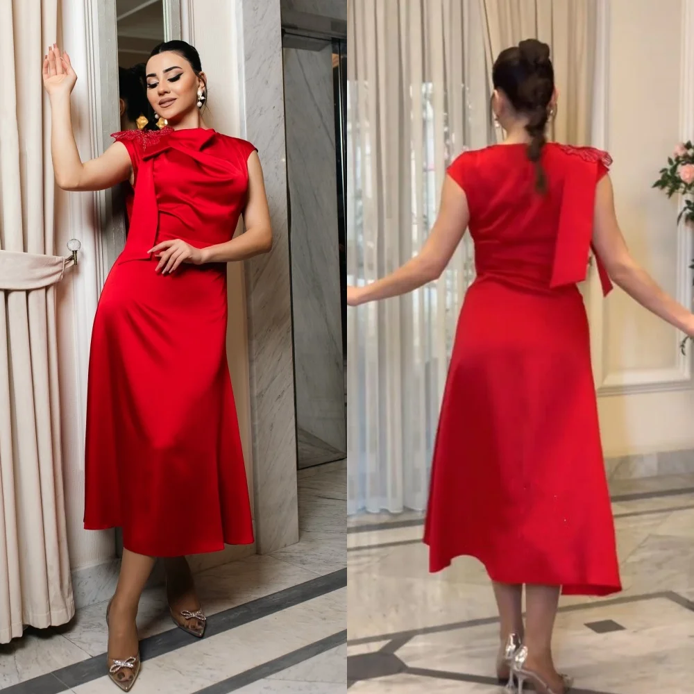 Barco Neck Satin Vestido com drapeado plissado Applique, Vestidos Midi para festa de casamento, Ocasião sob medida