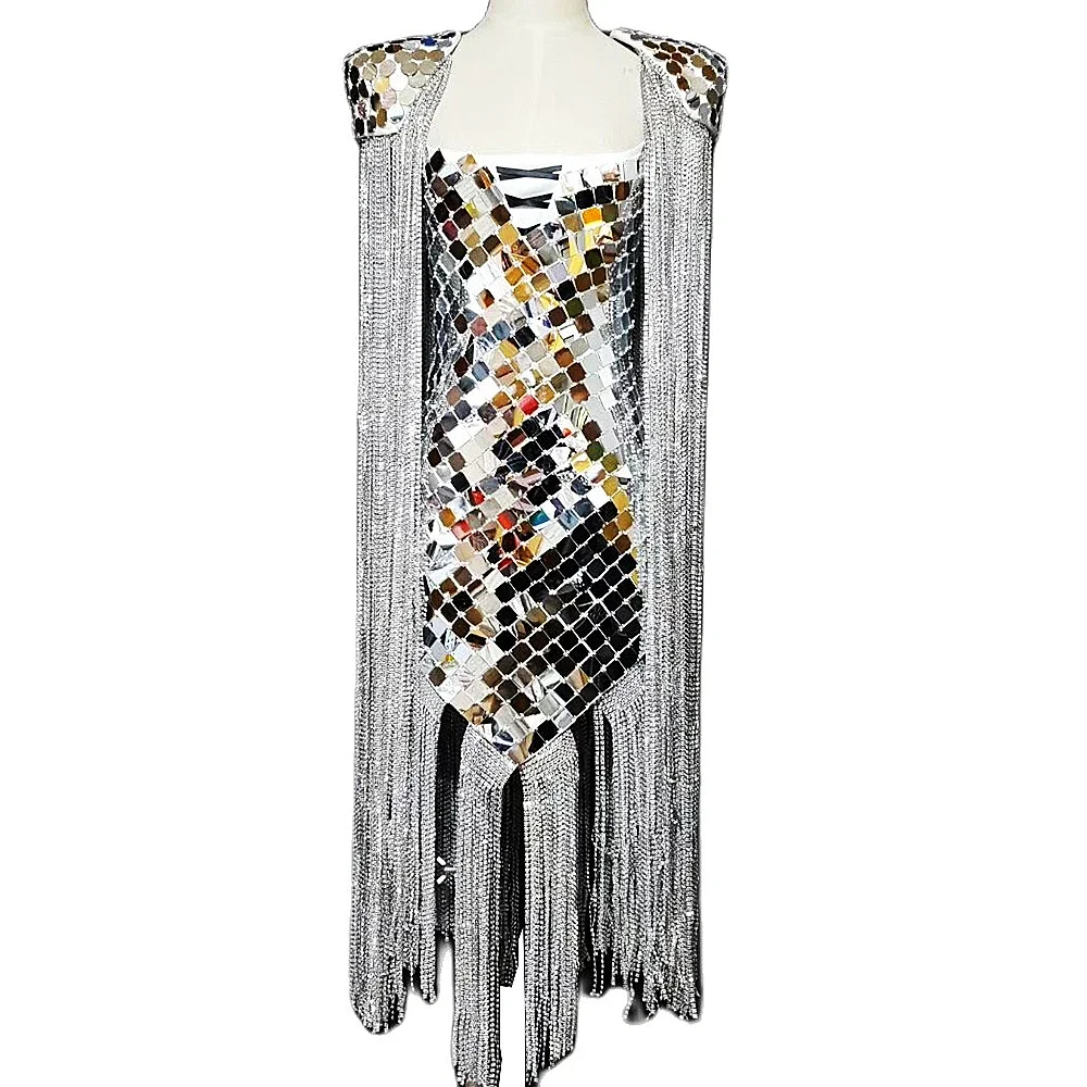

Sparkly Sequin Silver Tassel Women Dress Nightclub Show Stage Wear DJ Singer Dance Costumes Handmade Mirror Reflective Dressy
