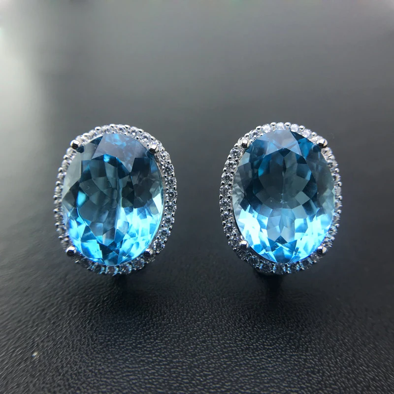 CSJ Big Stone 23ct Natural Blue Topaz Earrings 925 Sterling Silver Fine Jewelry For Women Wedding Engagment Party For Gift