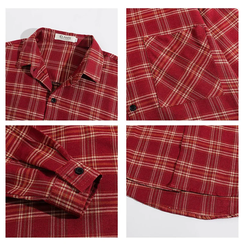 2023 New Men\'s Red Plaid Long Sleeve Shirt Loose Casual Shirts for Men Fashion Clothes Plus Size Woman Clothing