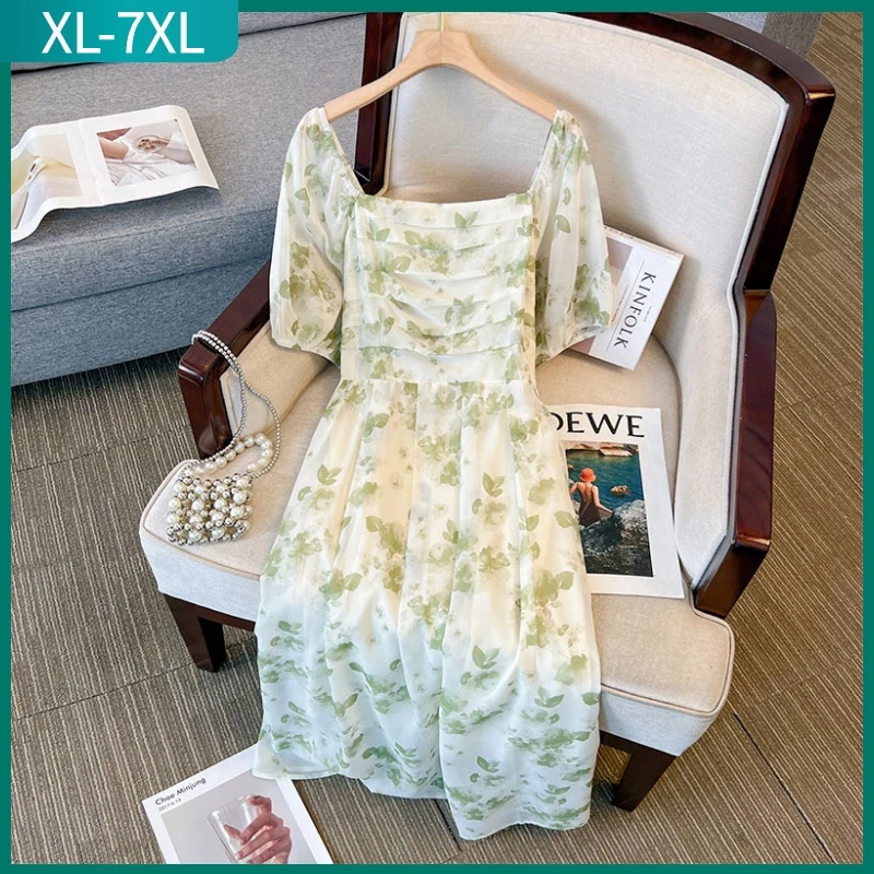 New 2023 Summer Plus Size Dress For Women Large Size Short sleeve Slim Green Floral Print Long Pleated Dress 3XL 4XL 5XL 6XL 7XL