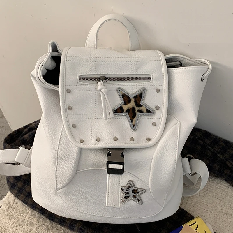 

Aesthetic Women's Bag 2026 Trend Fashion PU Leather Patchwork Vintage Mochilas Mujer Trend High Street Hot Girls Rivet Backpack