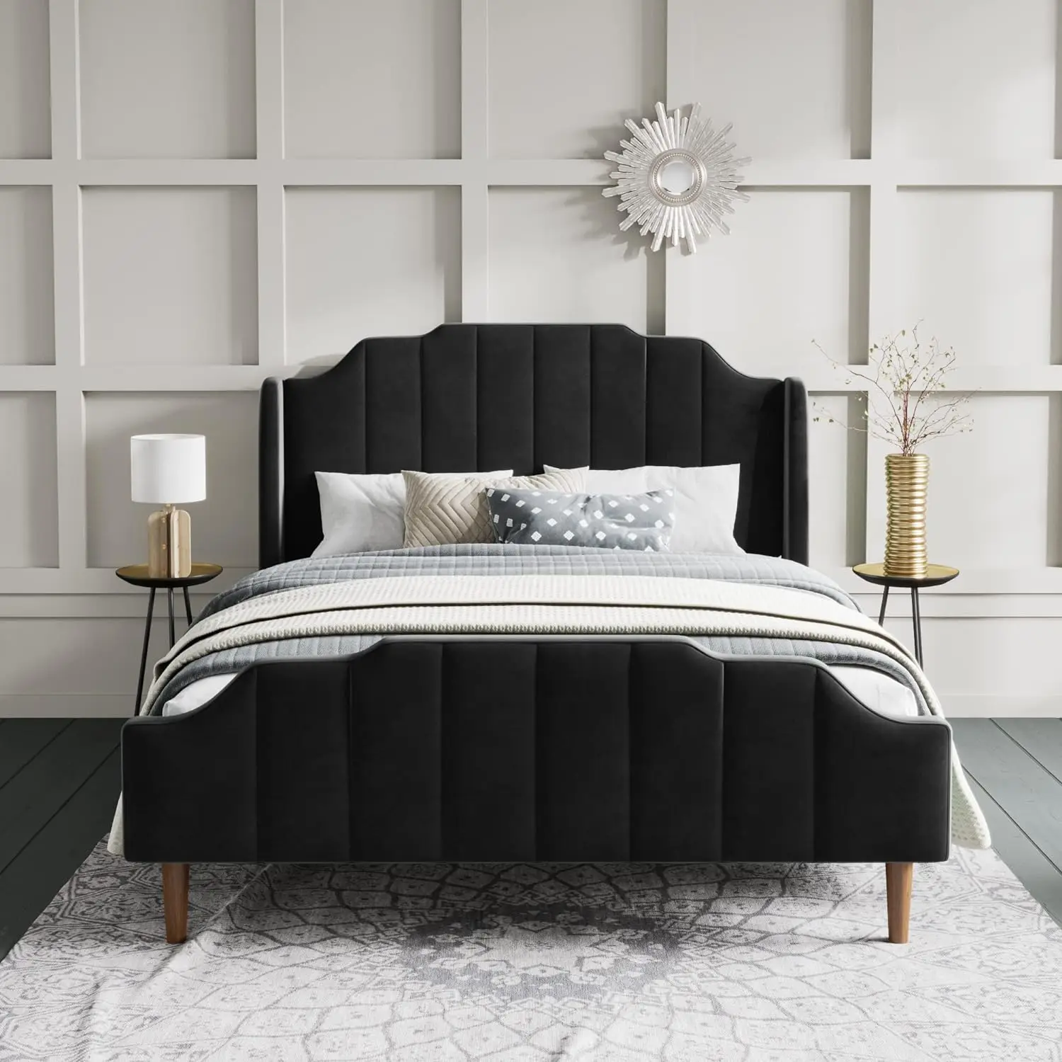 

SHA CERLIN Upholstered Queen Size Bed Frame with Modern Curved Velvet Wingback Headboard, Heavy Duty Wood Platform Bed