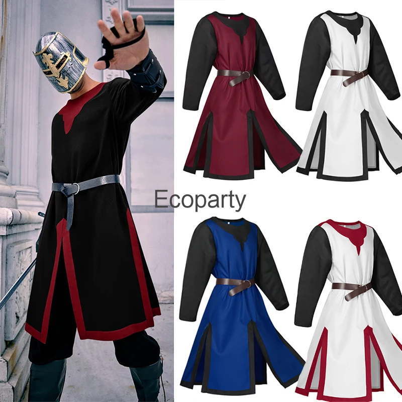 New Men's Medieval Costume Knights Templar Tunic Renaissance Pirate Long Sleeved Warrior Tops Halloween Costumes Male