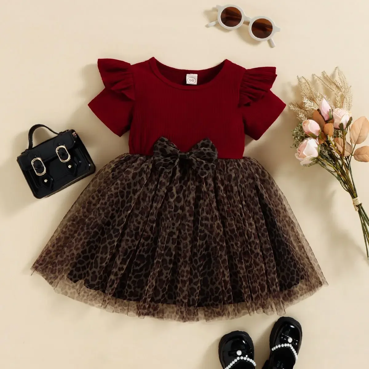 

Girls Dresses Summer 2024 New Children Pullover Cotton Pit Strip Short Sleeved Patchwork Leopard Mesh Bow Girls Dress