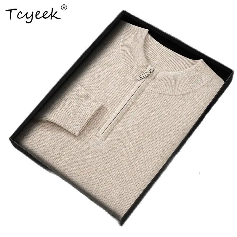 

Tcyeek, 35% Cashmere 65% Wool Soft Sweaters, Men Mock Neck Long Sleeve Zipper, Business Casual Sweater, Autumn Winter T47817QC